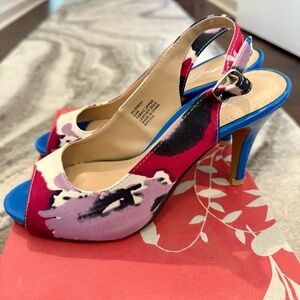 Multi Color, Abstract Open Toe Slingback Heels, size 6.5